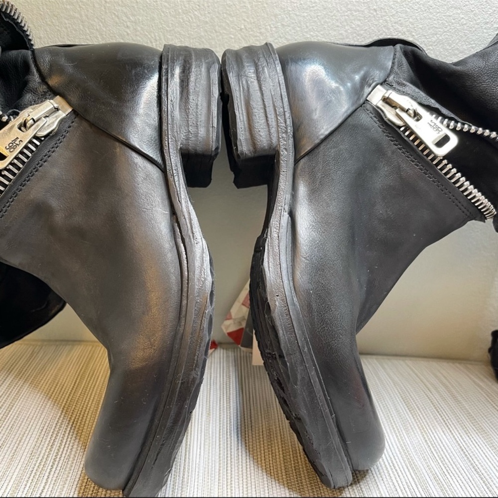 A.S.98 Black Leather Mid-Calf Moto Boots with Silver Zippers - Picture 7 of 16
